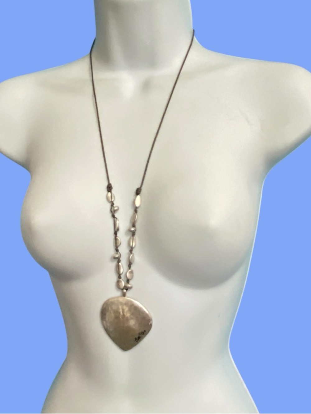 BELLA UNO Silver-Tone Hammered Necklace With Beads & Knotted Gray Silk Cording
